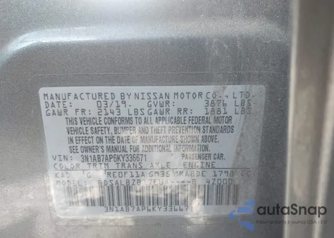 2019 Nissan Sentra S z USA, uszkodzony, nr VIN 3N1AB7AP6KY336671